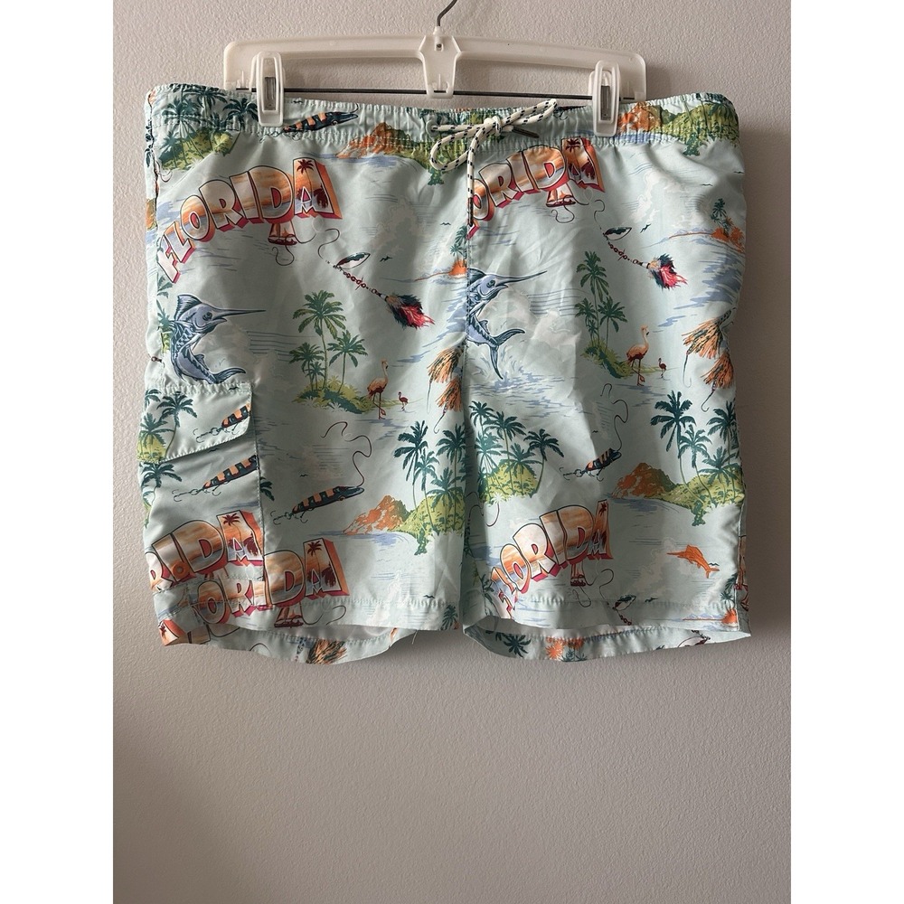 Tommy Bahama Swim Trunks Mens Medium Blue Florida Souvenir Print Fishing Shorts